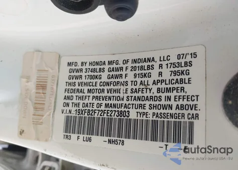 2015 Honda Civic Se из США, поврежденный, VIN 19XFB2F72FE273803